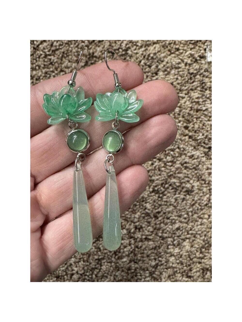 Green Teardrop Flower Dangle Earrings with Silver Hooks